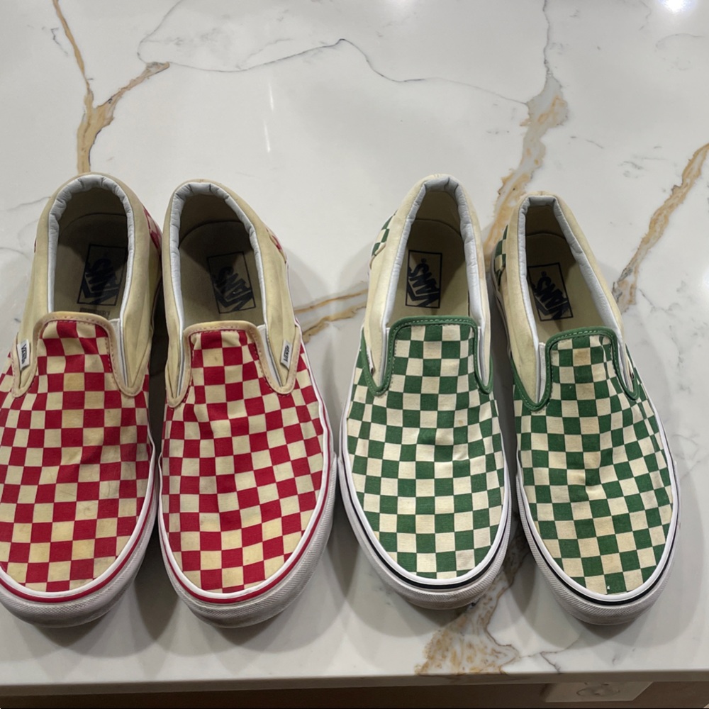Vans Red and Green Checkerboard Slip-On Sneakers